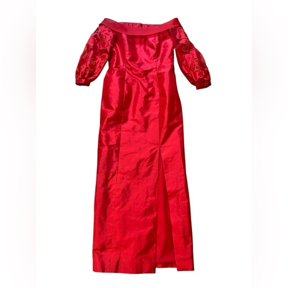 Marisa Baratelli Thai Silk Red Off The Shoulder Gown Floral Sheer Sleeves Sz 10 - Picture 4 of 11